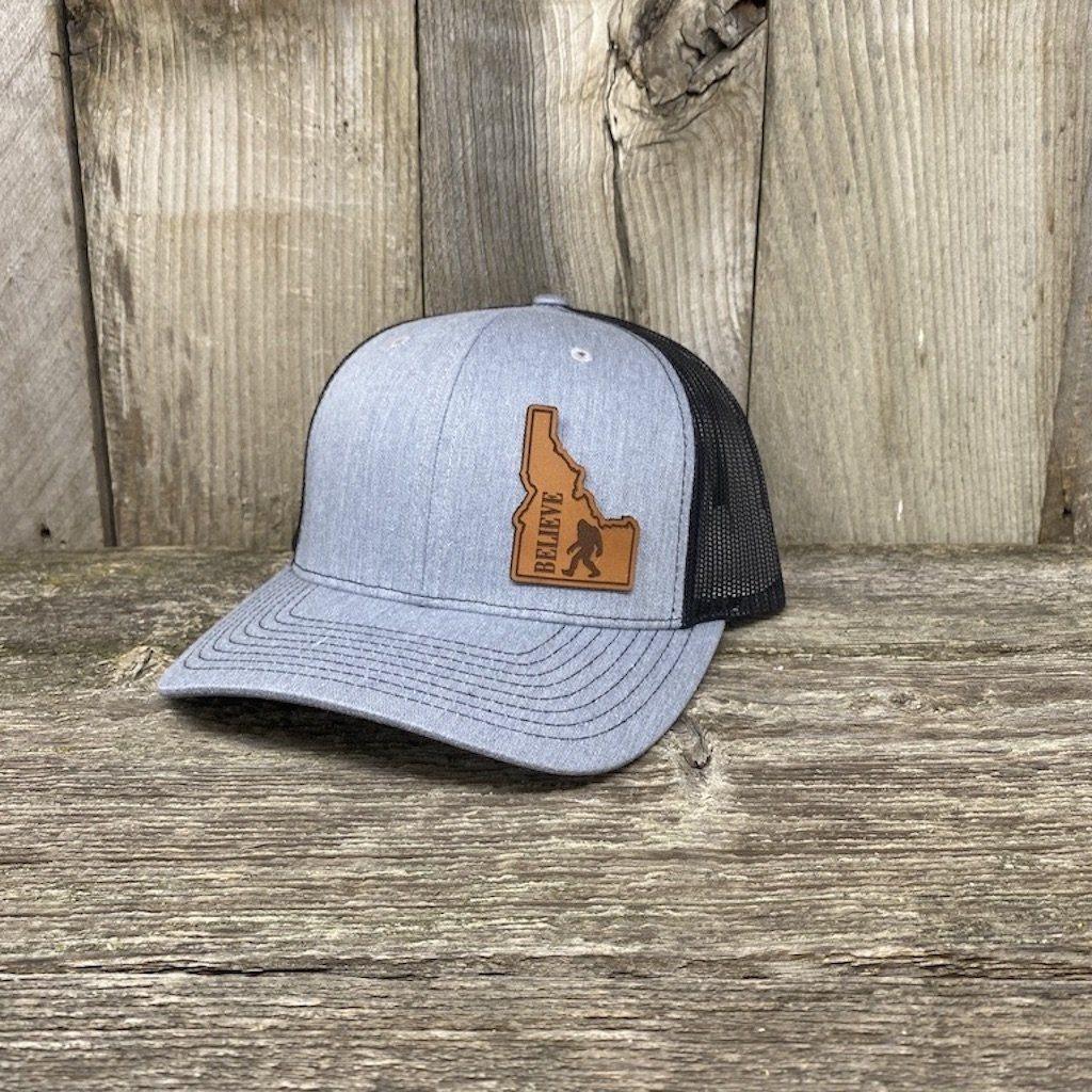 BIGFOOT IDAHO LEATHER PATCH HAT RICHARDSON 112 Leather Patch Hats Hells Canyon Designs # Heather Grey/Black