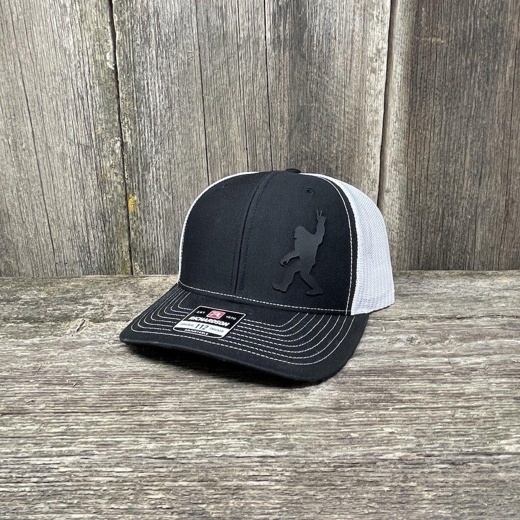 BIGFOOT PEACE SIGN BLACK LEATHER PATCH HAT - RICHARDSON 112 Leather Patch Hats Hells Canyon Designs # Black/White