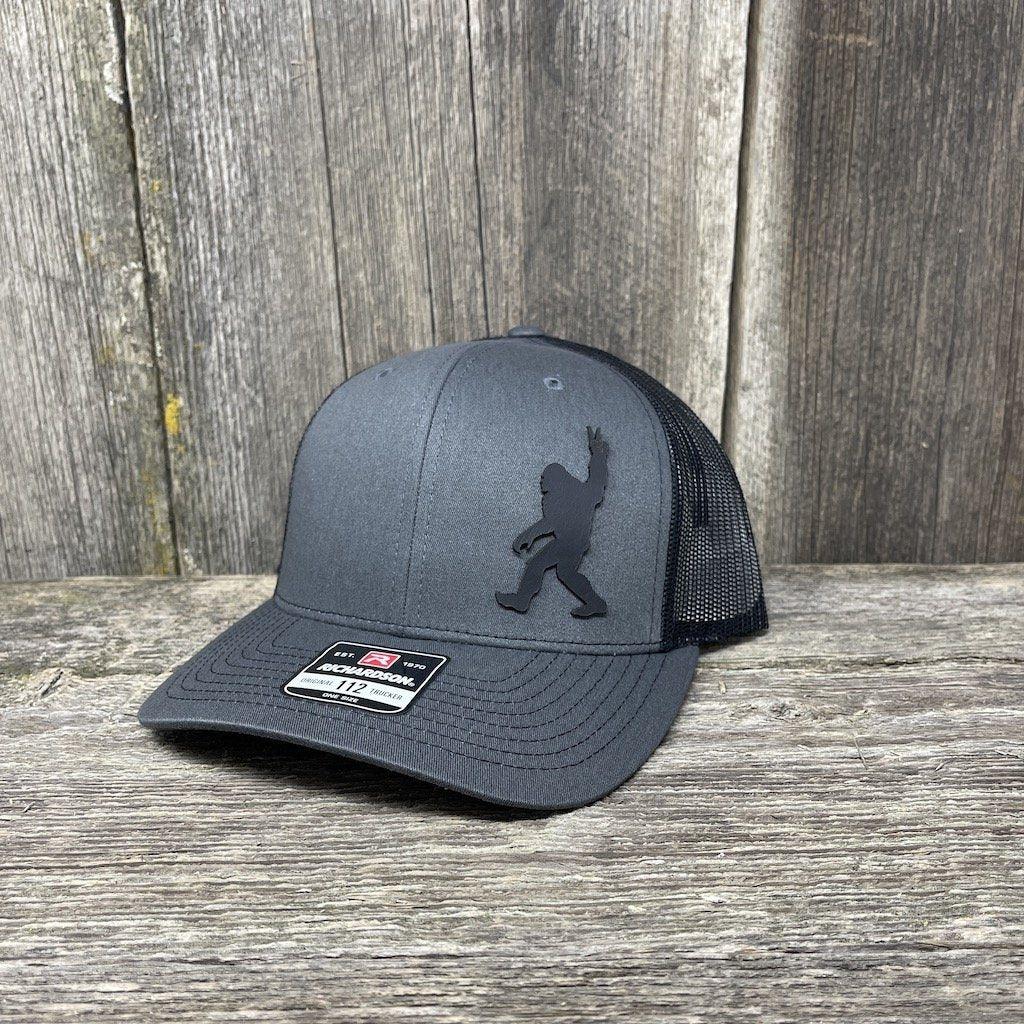 BIGFOOT PEACE SIGN BLACK LEATHER PATCH HAT - RICHARDSON 112 Leather Patch Hats Hells Canyon Designs # Charcoal/Black