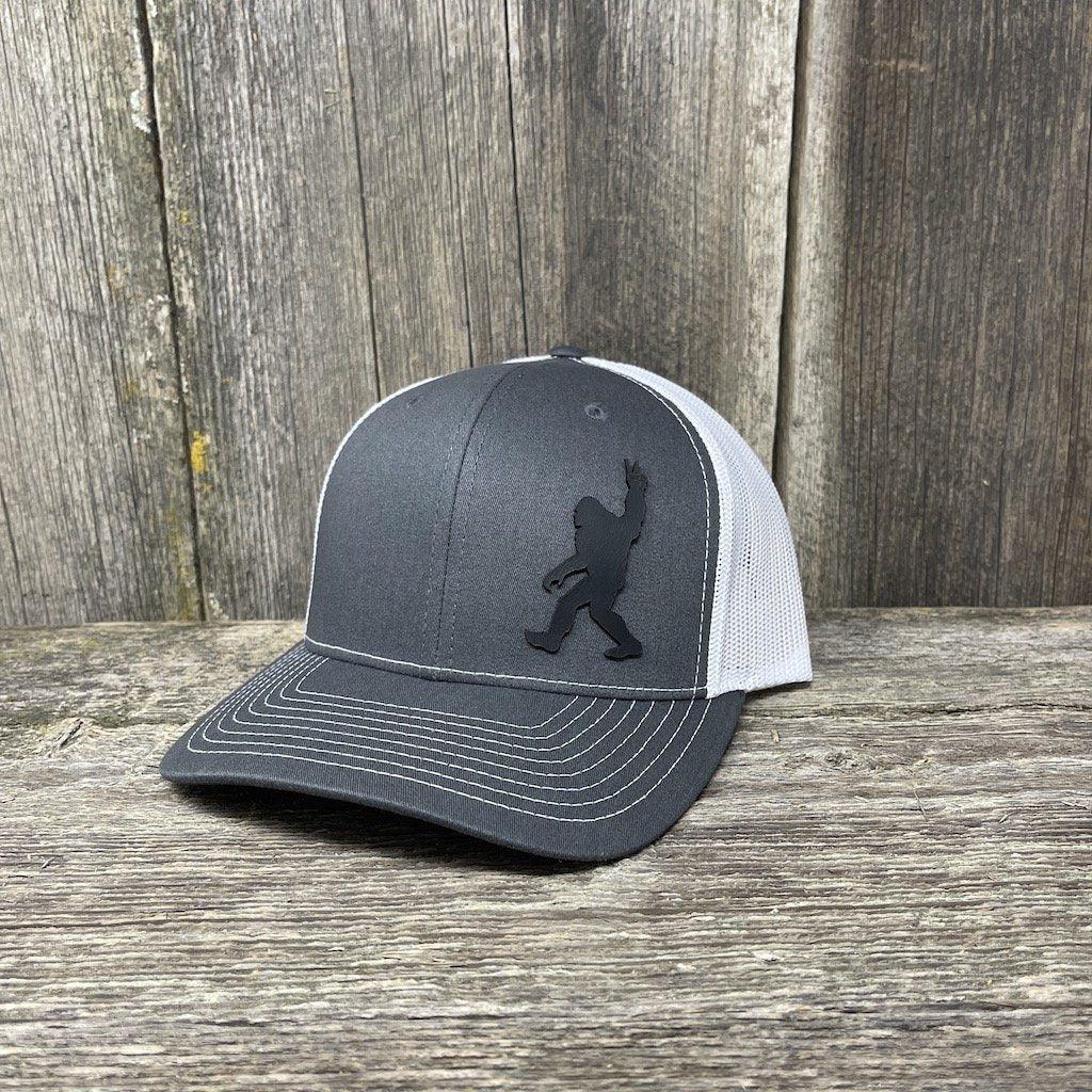 BIGFOOT PEACE SIGN BLACK LEATHER PATCH HAT - RICHARDSON 112 Leather Patch Hats Hells Canyon Designs # Charcoal/White