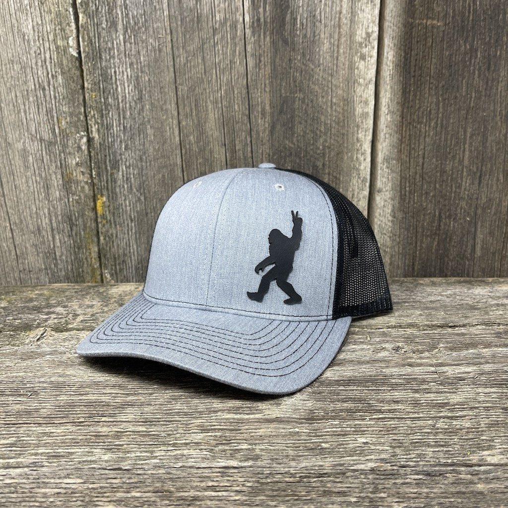 BIGFOOT PEACE SIGN BLACK LEATHER PATCH HAT - RICHARDSON 112 Leather Patch Hats Hells Canyon Designs # Heather/Black