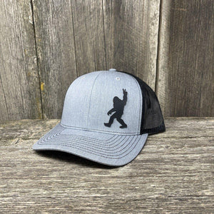 BIGFOOT PEACE SIGN BLACK LEATHER PATCH HAT - RICHARDSON 112 Leather Patch Hats Hells Canyon Designs # Heather/Black
