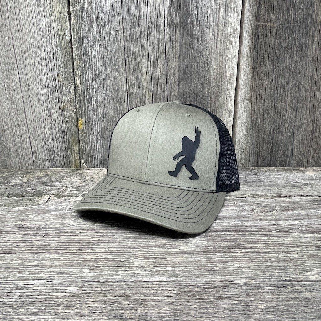 BIGFOOT PEACE SIGN BLACK LEATHER PATCH HAT - RICHARDSON 112 Leather Patch Hats Hells Canyon Designs # Loden/Black