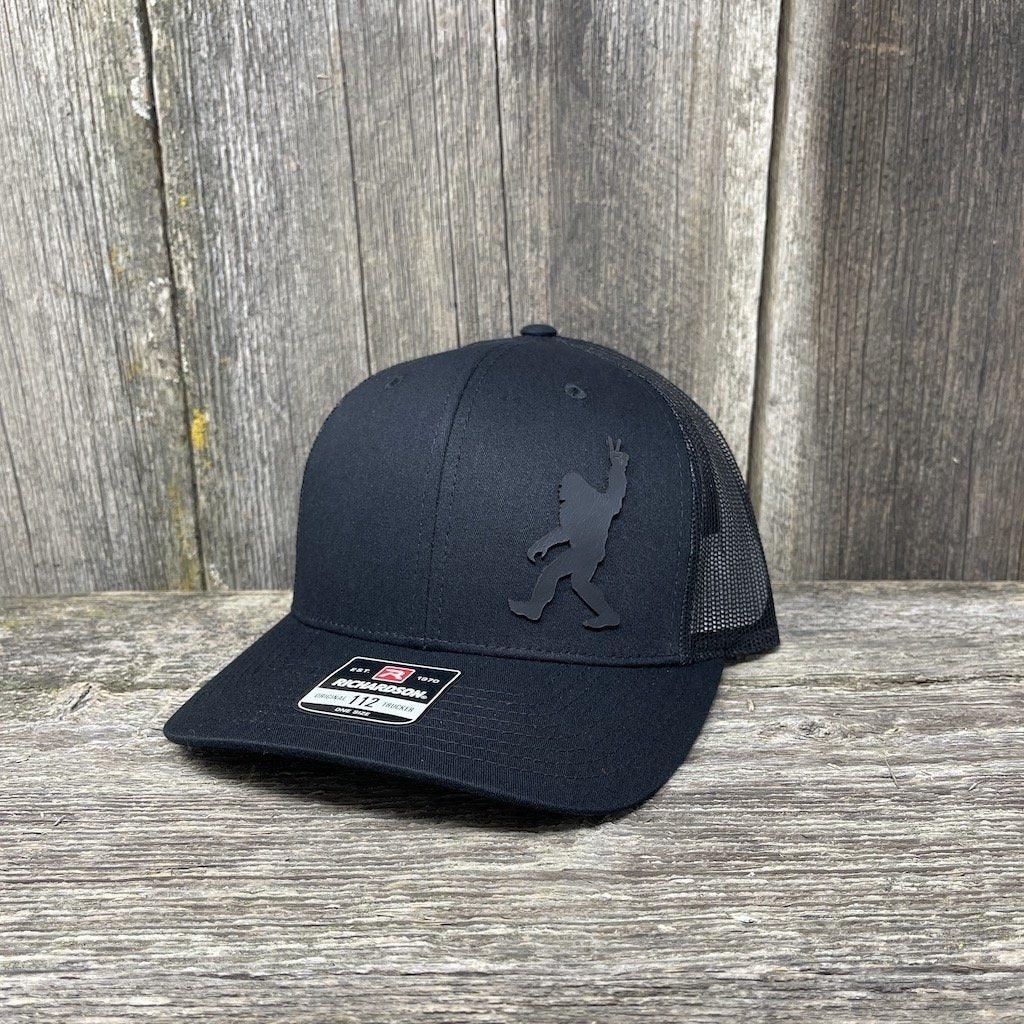 BIGFOOT PEACE SIGN BLACK LEATHER PATCH HAT - RICHARDSON 112 Leather Patch Hats Hells Canyon Designs # Solid Black