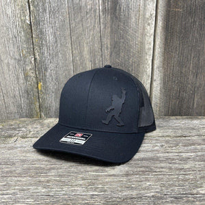 BIGFOOT PEACE SIGN BLACK LEATHER PATCH HAT - RICHARDSON 112 Leather Patch Hats Hells Canyon Designs # Solid Black