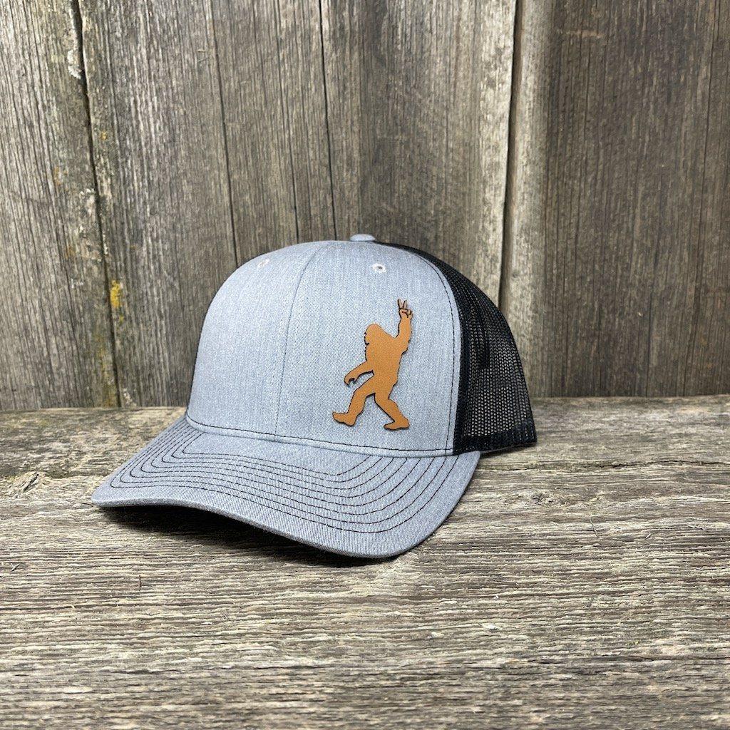 BIGFOOT PEACE SIGN CHESTNUT LEATHER PATCH HAT - RICHARDSON 112 Leather Patch Hats Hells Canyon Designs # Heather/Black