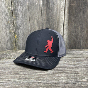 BIGFOOT PEACE SIGN RED LEATHER PATCH HAT - RICHARDSON 112 Leather Patch Hats Hells Canyon Designs # Black/Charcoal