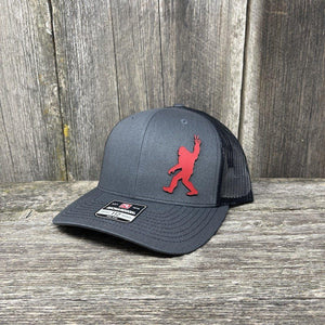 BIGFOOT PEACE SIGN RED LEATHER PATCH HAT - RICHARDSON 112 Leather Patch Hats Hells Canyon Designs # Charcoal/Black 