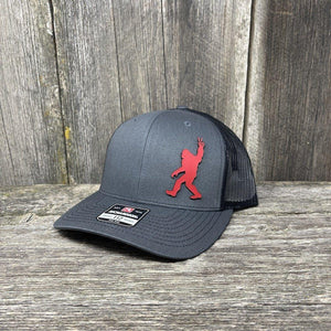 BIGFOOT PEACE SIGN RED LEATHER PATCH HAT - RICHARDSON 112 Leather Patch Hats Hells Canyon Designs # Charcoal/Black