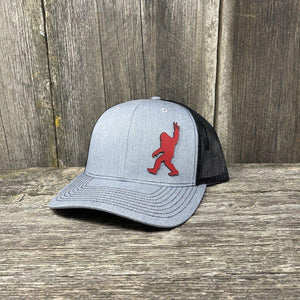BIGFOOT PEACE SIGN RED LEATHER PATCH HAT - RICHARDSON 112 Leather Patch Hats Hells Canyon Designs # Heather Grey/Black