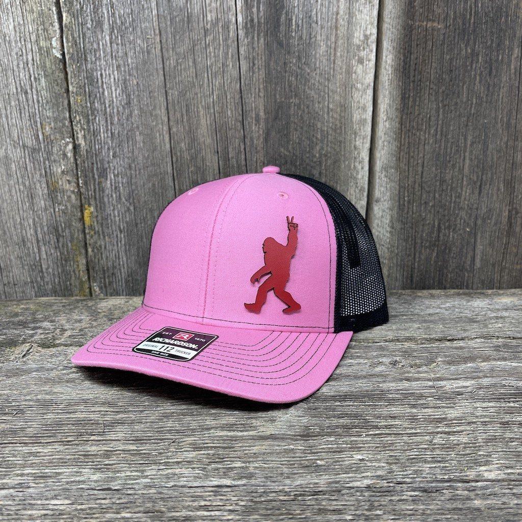 BIGFOOT PEACE SIGN RED LEATHER PATCH HAT - RICHARDSON 112 Leather Patch Hats Hells Canyon Designs # Pink/Black