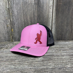 BIGFOOT PEACE SIGN RED LEATHER PATCH HAT - RICHARDSON 112 Leather Patch Hats Hells Canyon Designs # Pink/Black