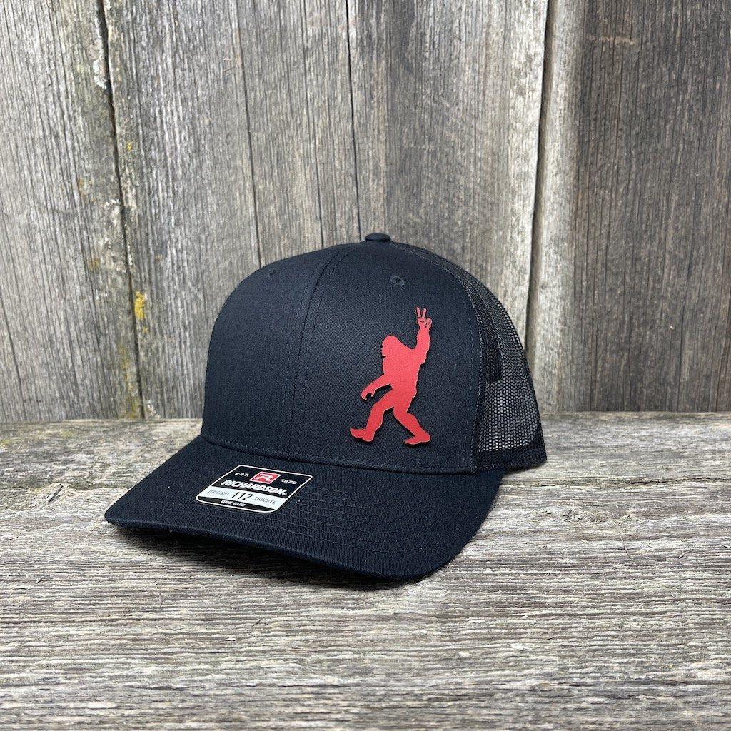 BIGFOOT PEACE SIGN RED LEATHER PATCH HAT - RICHARDSON 112 Leather Patch Hats Hells Canyon Designs # Solid Black