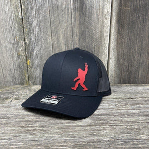 BIGFOOT PEACE SIGN RED LEATHER PATCH HAT - RICHARDSON 112 Leather Patch Hats Hells Canyon Designs # Solid Black