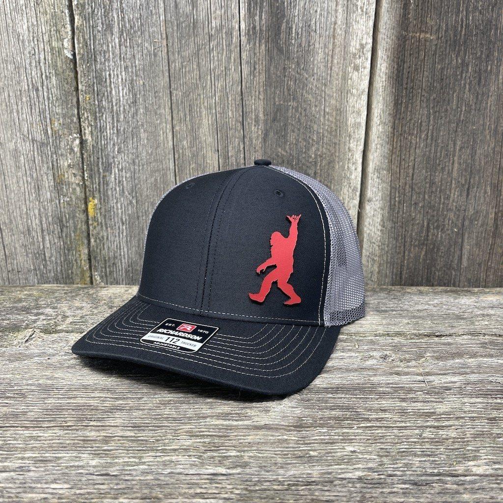 BIGFOOT SHAKA RED LEATHER PATCH HAT - RICHARDSON 112 Leather Patch Hats Hells Canyon Designs # Black/Charcoal
