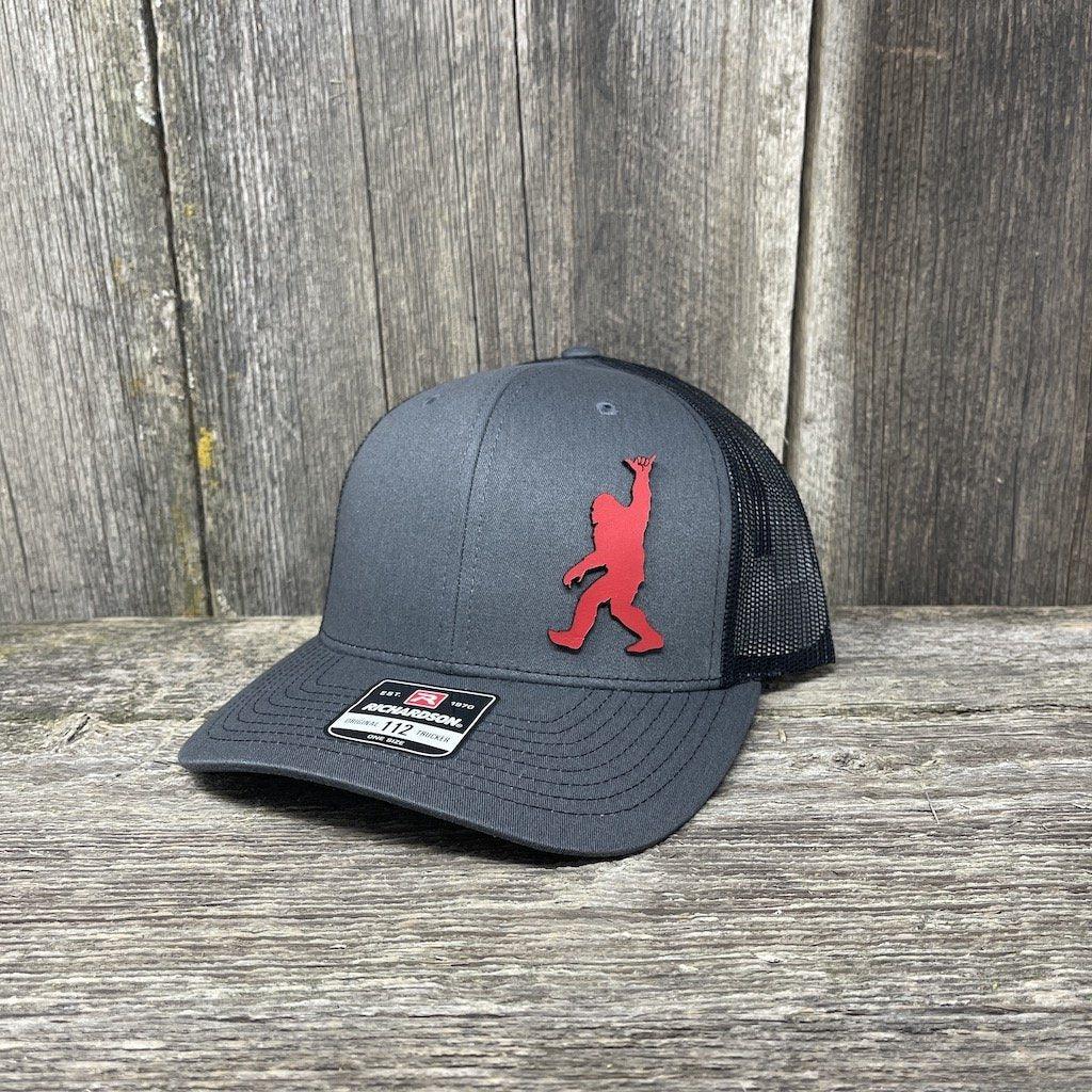 BIGFOOT SHAKA RED LEATHER PATCH HAT - RICHARDSON 112 Leather Patch Hats Hells Canyon Designs # Charcoal/Black