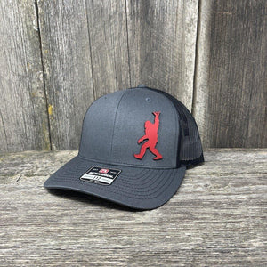 BIGFOOT SHAKA RED LEATHER PATCH HAT - RICHARDSON 112 Leather Patch Hats Hells Canyon Designs # Charcoal/Black