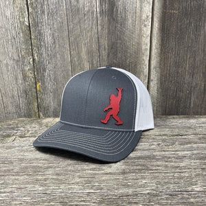BIGFOOT SHAKA RED LEATHER PATCH HAT - RICHARDSON 112 Leather Patch Hats Hells Canyon Designs # Charcoal/White 