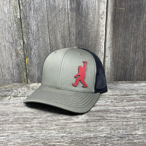 BIGFOOT SHAKA RED LEATHER PATCH HAT - RICHARDSON 112 Leather Patch Hats Hells Canyon Designs # Loden/Black