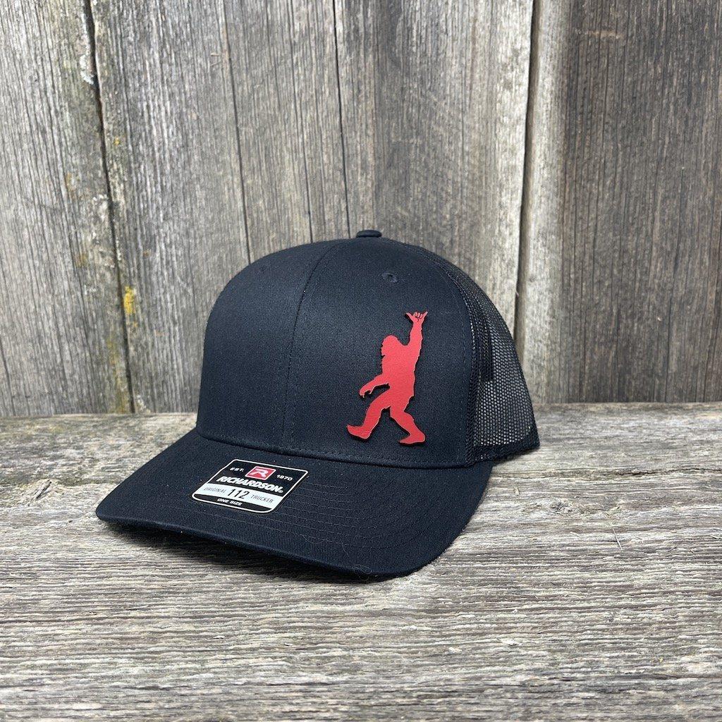 BIGFOOT SHAKA RED LEATHER PATCH HAT - RICHARDSON 112 Leather Patch Hats Hells Canyon Designs # Solid Black