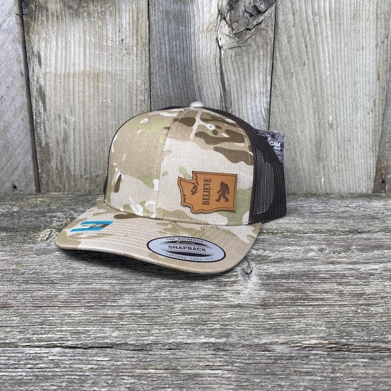 BIGFOOT WASHINGTON LEATHER PATCH HAT FLEXFIT Leather Patch Hats Hells Canyon Designs Arid/Brown Multicam