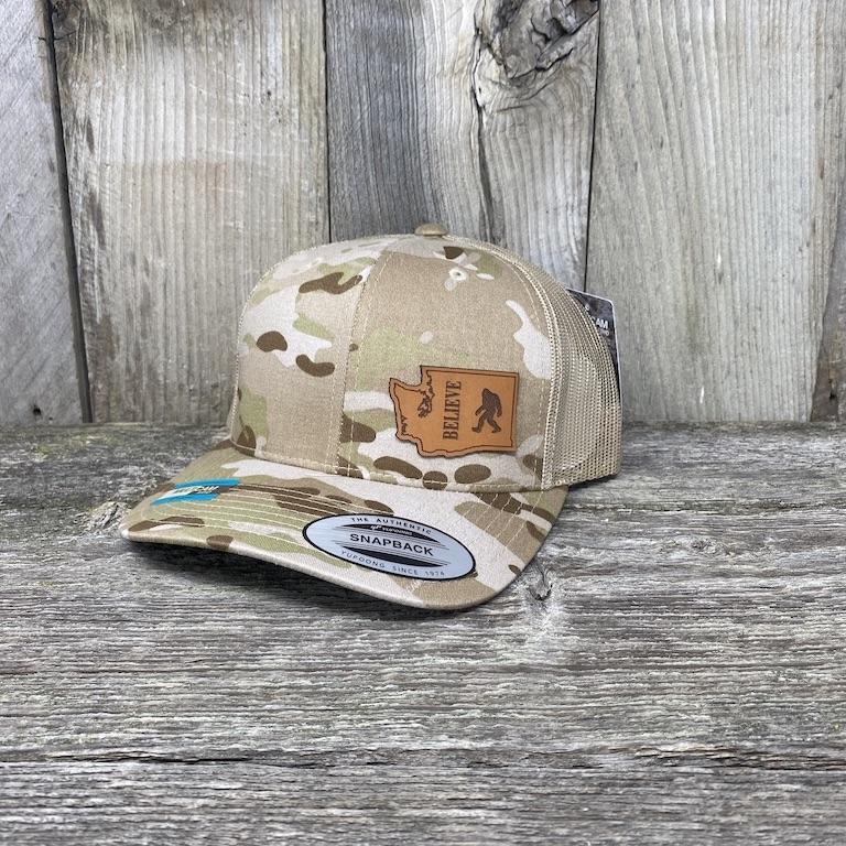 BIGFOOT WASHINGTON LEATHER PATCH HAT FLEXFIT Leather Patch Hats Hells Canyon Designs Arid/Tan Multicam