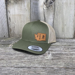 BIGFOOT WASHINGTON LEATHER PATCH HAT FLEXFIT Leather Patch Hats Hells Canyon Designs Loden/Tan