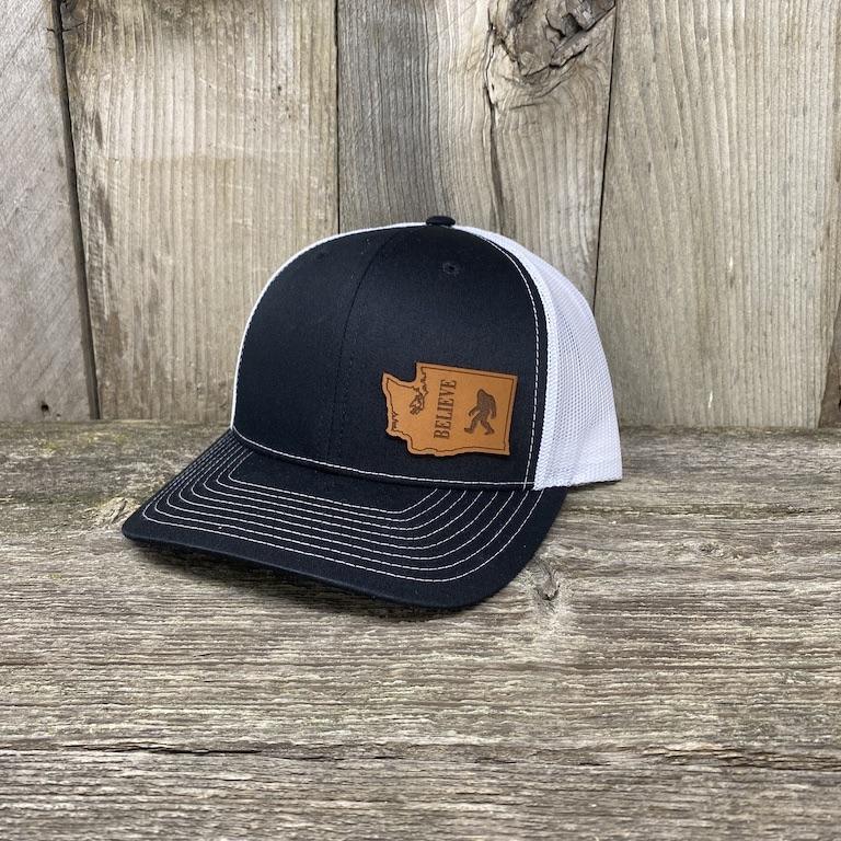 BIGFOOT WASHINGTON LEATHER PATCH HAT RICHARDSON 112 Leather Patch Hats Hells Canyon Designs Black/White