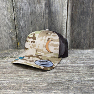 CRESCENT MOON CHESTNUT LEATHER PATCH HAT - FLEXFIT SNAPBACK Leather Patch Hats Hells Canyon Designs # Arid/Brown Multicam