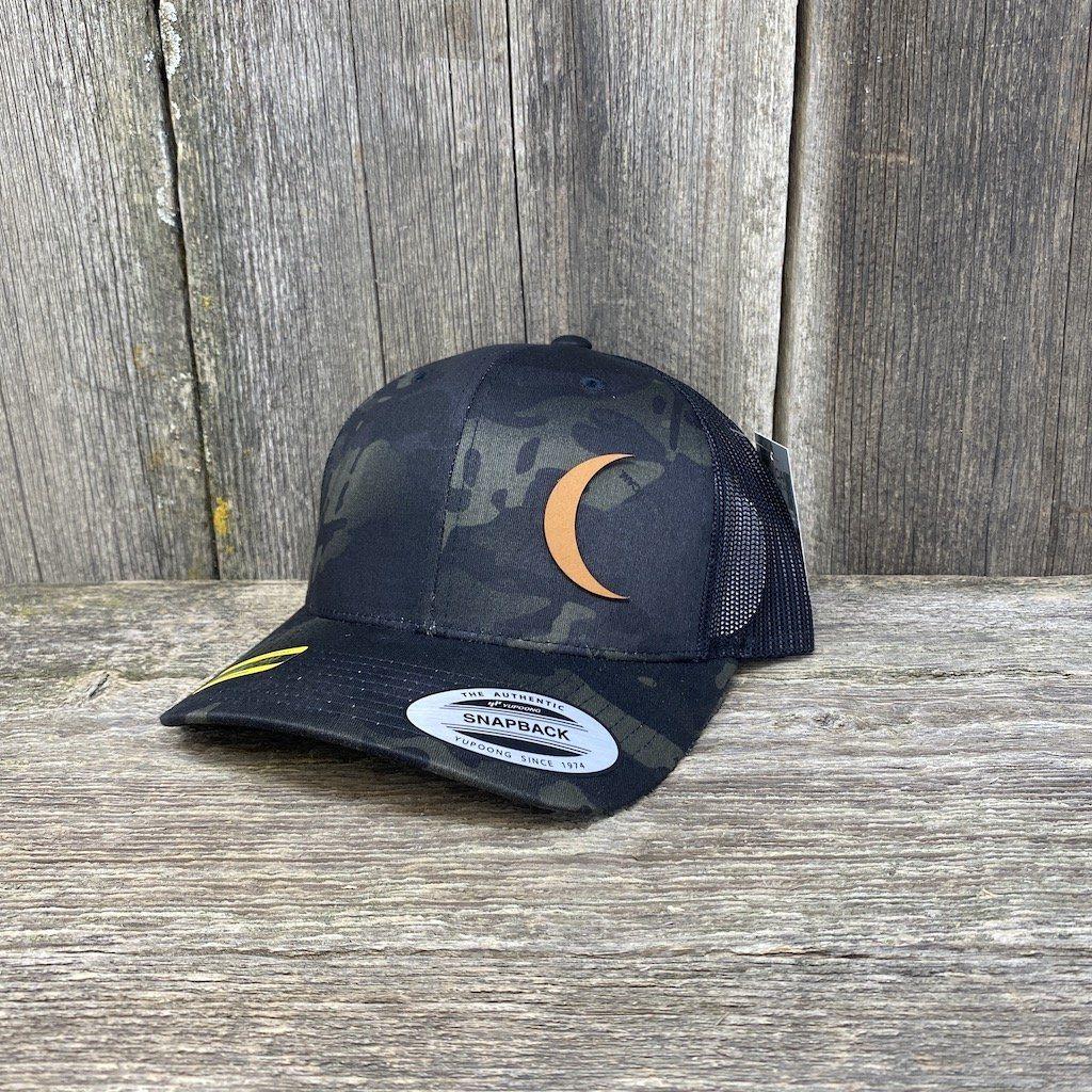 CRESCENT MOON CHESTNUT LEATHER PATCH HAT - FLEXFIT SNAPBACK Leather Patch Hats Hells Canyon Designs # Black Multicam
