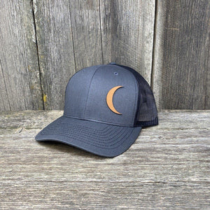 CRESCENT MOON CHESTNUT LEATHER PATCH HAT - RICHARDSON 112 Leather Patch Hats Hells Canyon Designs # Charcoal/Black
