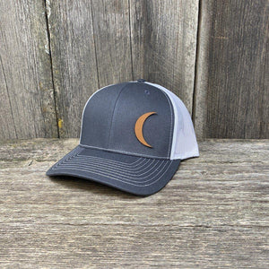 CRESCENT MOON CHESTNUT LEATHER PATCH HAT - RICHARDSON 112 Leather Patch Hats Hells Canyon Designs # Charcoal/White