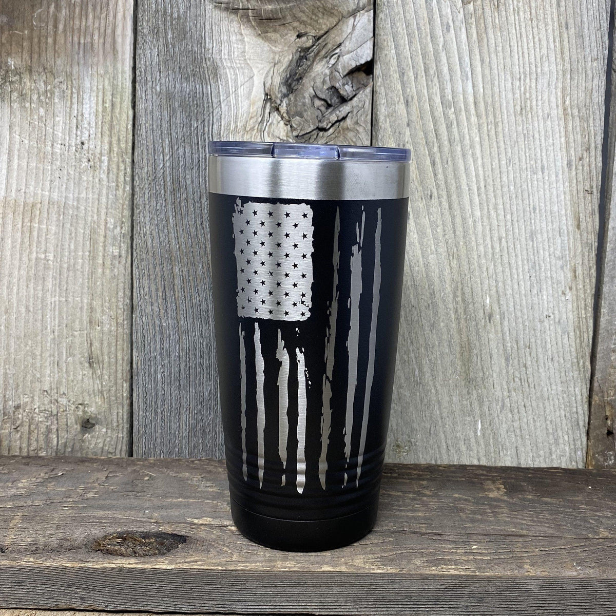 Distressed 20oz Flag Tumblers Tumbler Hells Canyon Art Glass and Laser Black Ring Neck