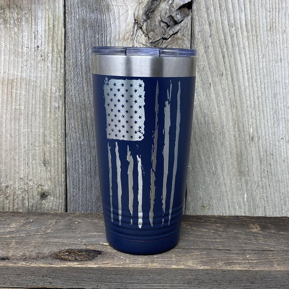 Distressed 20oz Flag Tumblers Tumbler Hells Canyon Art Glass and Laser Navy Blue