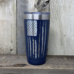 Distressed 20oz Flag Tumblers Tumbler Hells Canyon Art Glass and Laser Navy Blue