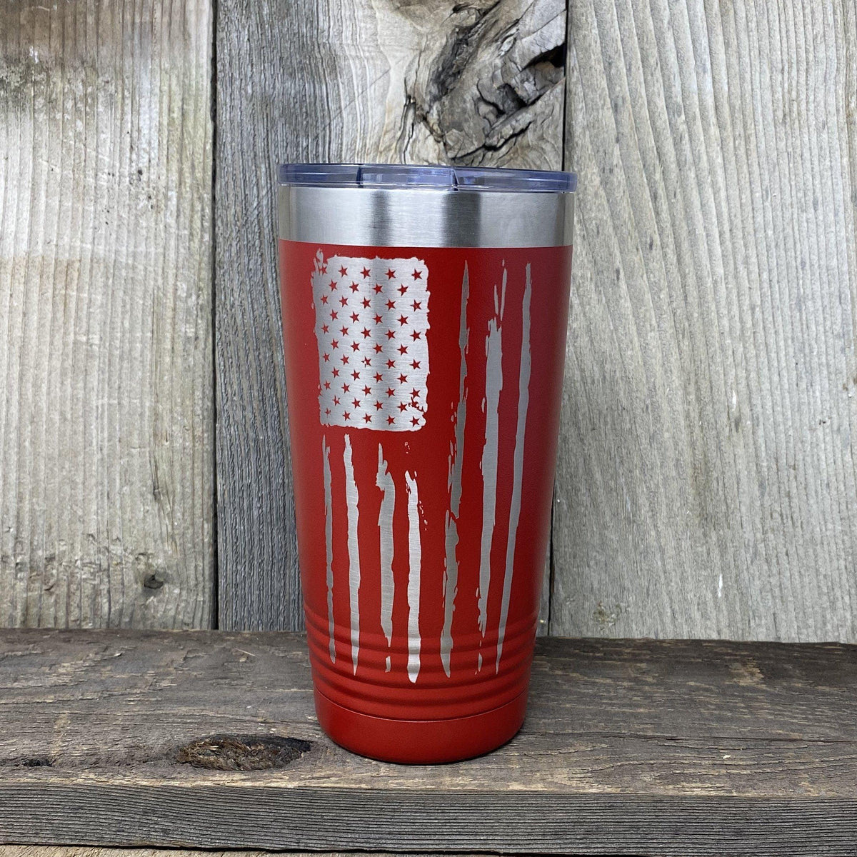 Distressed 20oz Flag Tumblers Tumbler Hells Canyon Art Glass and Laser Red