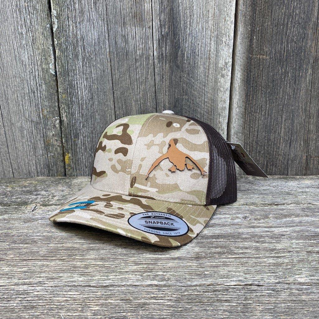 DUCK HUNTERS CHESTNUT LEATHER PATCH HAT - FLEXFIT SNAPBACK Leather Patch Hats Hells Canyon Designs # Arid/Brown Multicam
