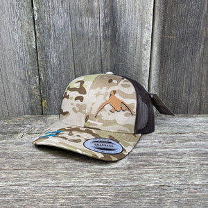 DUCK HUNTERS CHESTNUT LEATHER PATCH HAT - FLEXFIT SNAPBACK Leather Patch Hats Hells Canyon Designs # Arid/Brown Multicam