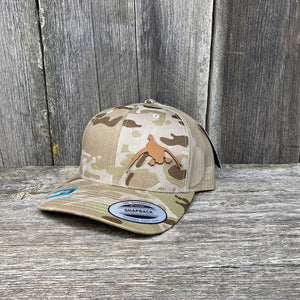 DUCK HUNTERS CHESTNUT LEATHER PATCH HAT - FLEXFIT SNAPBACK Leather Patch Hats Hells Canyon Designs # Arid/Tan Multicam