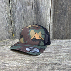DUCK HUNTERS CHESTNUT LEATHER PATCH HAT - FLEXFIT SNAPBACK Leather Patch Hats Hells Canyon Designs # BDU/Black