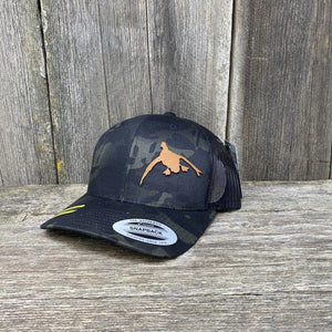 DUCK HUNTERS CHESTNUT LEATHER PATCH HAT - FLEXFIT SNAPBACK Leather Patch Hats Hells Canyon Designs # Black Multicam