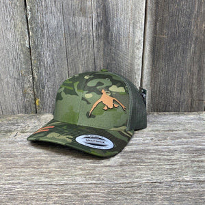 DUCK HUNTERS CHESTNUT LEATHER PATCH HAT - FLEXFIT SNAPBACK Leather Patch Hats Hells Canyon Designs # Tropical Multicam