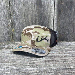 ELK HORN FLEX-FIT CAMO BLACK LEATHER PATCH HAT Leather Patch Hats Hells Canyon Designs # Arid/Brown
