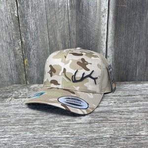 ELK HORN FLEX-FIT CAMO BLACK LEATHER PATCH HAT Leather Patch Hats Hells Canyon Designs # Arid/Tan