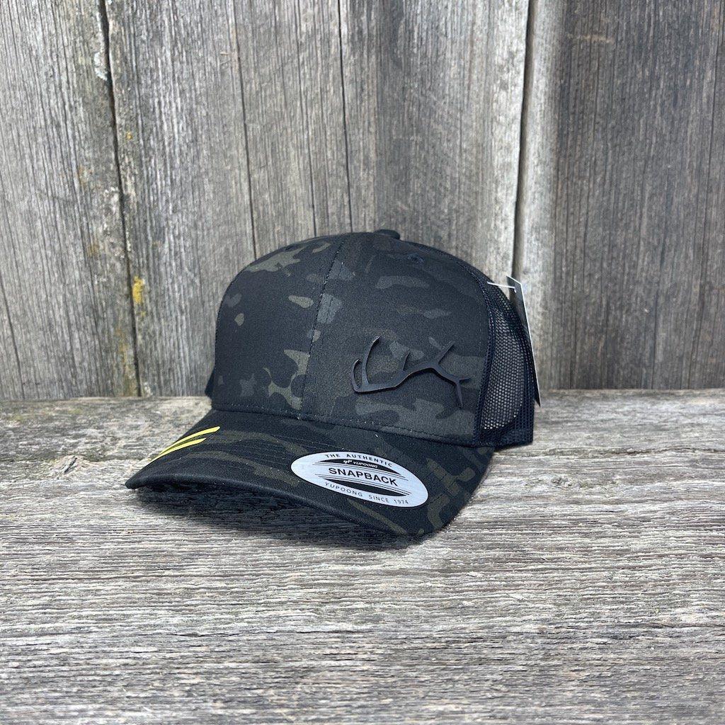 ELK HORN FLEX-FIT CAMO BLACK LEATHER PATCH HAT Leather Patch Hats Hells Canyon Designs # Black Multicam