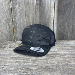 ELK HORN FLEX-FIT CAMO BLACK LEATHER PATCH HAT Leather Patch Hats Hells Canyon Designs # Black Multicam