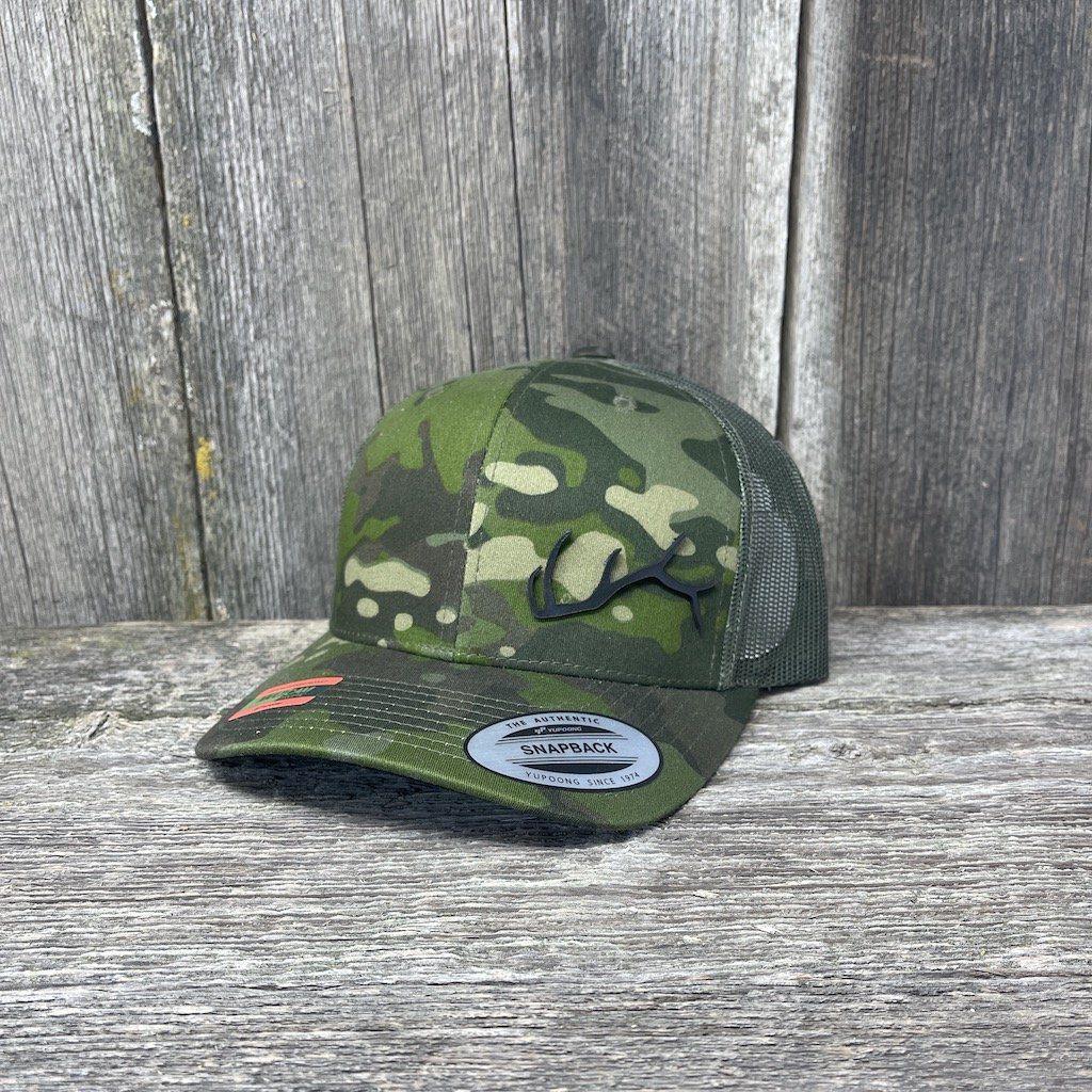 ELK HORN FLEX-FIT CAMO BLACK LEATHER PATCH HAT Leather Patch Hats Hells Canyon Designs # Tropical Multicam