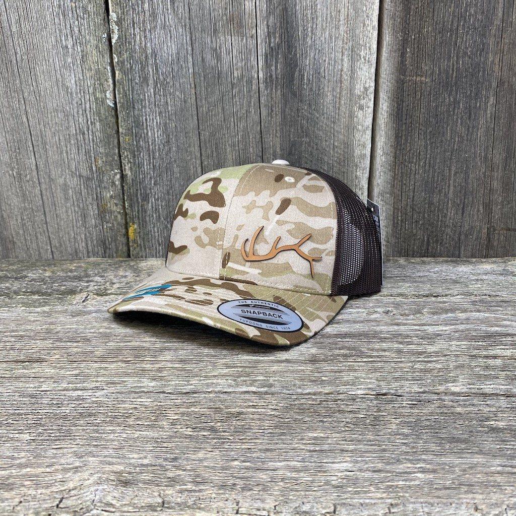 ELK HORN FLEX-FIT CAMO CHESTNUT LEATHER PATCH HAT Leather Patch Hats Hells Canyon Designs # Arid/Brown