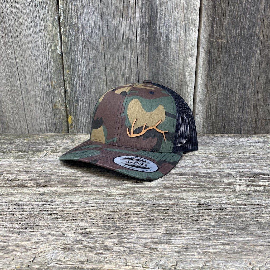 ELK HORN FLEX-FIT CAMO CHESTNUT LEATHER PATCH HAT Leather Patch Hats Hells Canyon Designs # BDU/Black