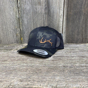 ELK HORN FLEX-FIT CAMO CHESTNUT LEATHER PATCH HAT Leather Patch Hats Hells Canyon Designs # Black Multicam